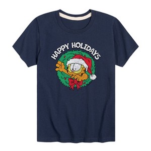 Boys' - Garfield - Happy Holidays Wreath Short Sleeve Graphic T-Shirt - 1 of 4
