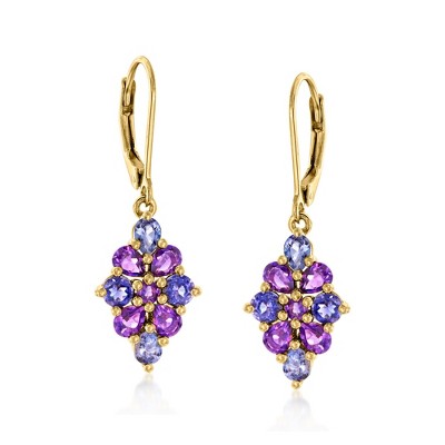 Ross-Simons 2.10 ct. t.w. Multi-Gemstone Floral Cluster Drop Earrings in 18kt Gold Over Sterling
