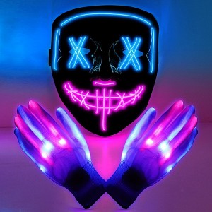 Garvee [1PACK]Mask skeleton Gloves Set ,Light Up Scary Mask Purge Mask with Glow Gloves (Pink+ Ice Blue) - 1 of 4