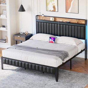 Queen LED Upholstered Platform Bed with USB Charging Station & Storage Headboard. Noise-Free, Strong Metal Slats, No Box Spring Needed. - 1 of 4