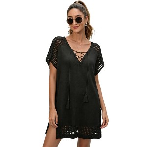 Women Crochet Cover Up Dress Open Knit Boho Beach Coverup with Tassel Tie V Neck, Sleeveless Flowy Swimsuit Summer Cover Up Black M