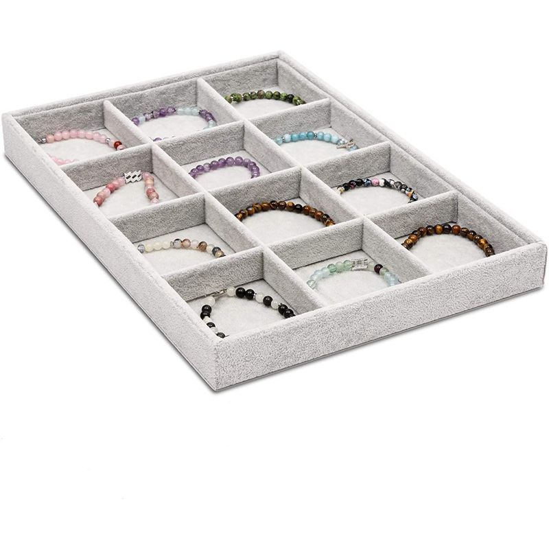 Juvale Gray Velvet Stackable Jewelry Organizer Tray, 12 Grids for Bracelets, Necklaces, Pendants, 14 x 9.5 In, 2 of 4