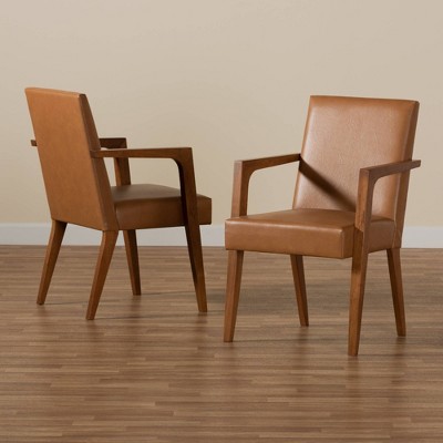 Andrea Mid-Century Tan Faux Leather and Walnut Accent Chair