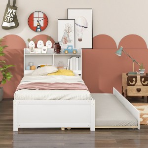 BABYYER Twin Bed with Trundle, Twin Size Platform Bed with Bookcase Headboard, Wood Bed Frame for Girls and Boys - 1 of 4