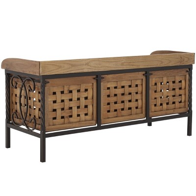 Transitional Antique Pewter Oak Storage Bench with 3 Drawers