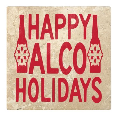 Christmas by Krebs Set of 4 Ivory and Red "HAPPY ALCO HOLIDAYS" Square Coasters 4"