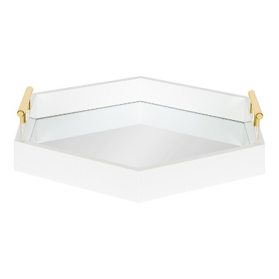 White and Gold Hexagon Wood Accent Tray with Mirror