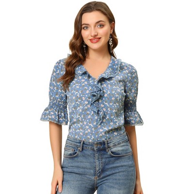 INSPIRE CHIC Women's Ruffle V Neck Puff Sleeve Summer Casual Chiffon Peasant Top