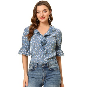 INSPIRE CHIC Women's Ruffle V Neck Puff Sleeve Summer Casual Chiffon Peasant Top - 1 of 4