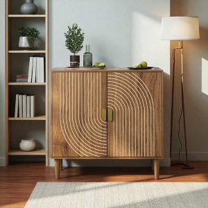 31" Walnut Wood Buffet Sideboard Cabinet with Line Groove Doors, Modern Farmhouse Accent Storage Cabinet for Living Room Kitchen Entryway - 1 of 4