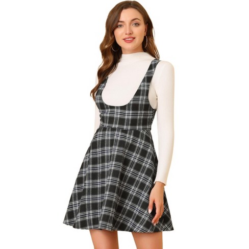 Allegra K Women's Pinafore Overall Tartan Checks Braces A-line ...