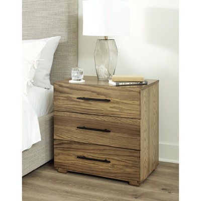 Brown Oak Veneer 3-Drawer Nightstand with Black Iron Pulls