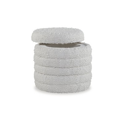 Ivory White Round Storage Ottoman with Textured Fabric