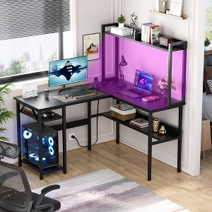 Aheaplus L Shaped Desk with Hutch, LED Lights, Reversible Corner Desk with Power Outlet - 1 of 4