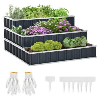 Outsunny 47''x47''x25'' 3 Tier Raised Garden Bed, Metal Tiered Planer Box Kit w/ A Pairs of Glove for Backyard, Patio to Grow Vegetables, Herbs, and Flowers