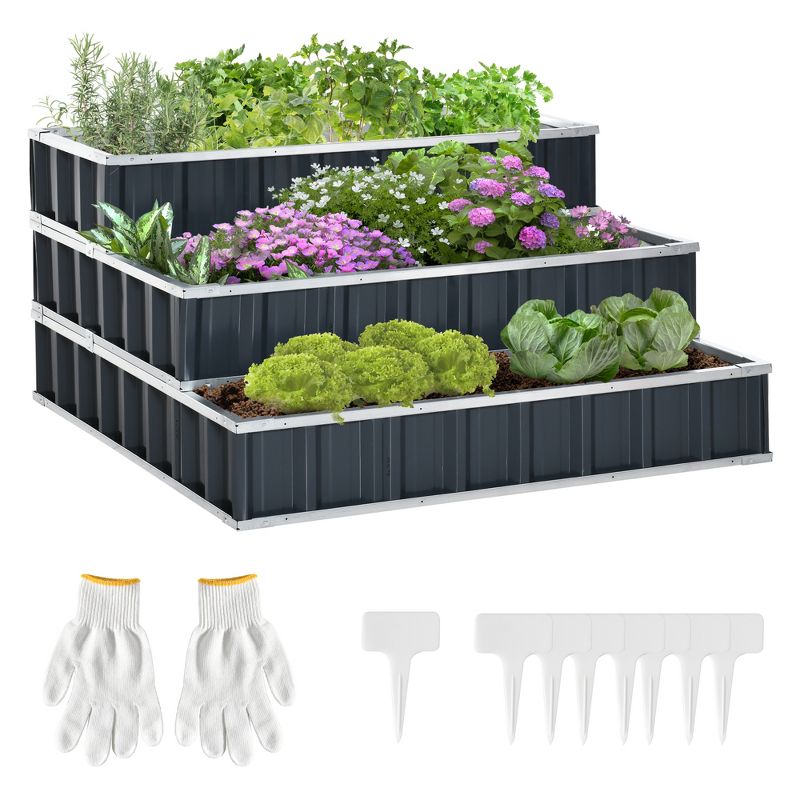 Outsunny 47''x47''x25'' 3 Tier Raised Garden Bed, Metal Tiered Planer Box Kit w/ A Pairs of Glove for Backyard, Patio to Grow Vegetables, Herbs, and Flowers, 1 of 7
