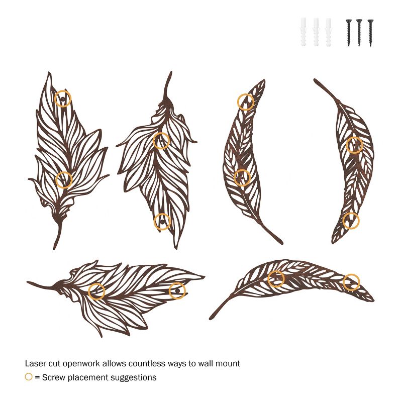 Wall Decor-Set of Two Metal Feather Hanging Wall Art Laser Cut Contemporary Nature Sculpture for Living Room, Bedroom, Kitchen by Lavish Home (Brown), 4 of 8