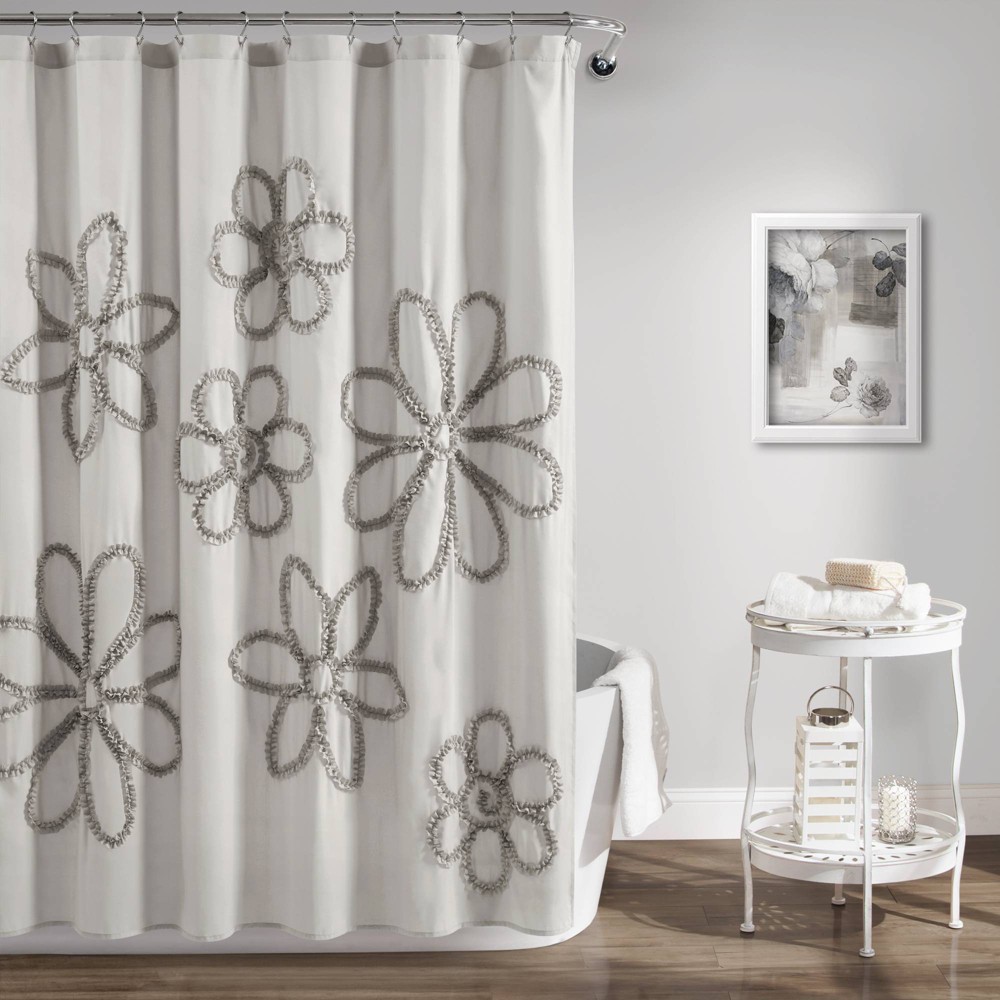 Photos - Shower Curtain Single Ruffle Flower  Gray - Lush Décor: Botanical Design, Microfiber, Machine Washable