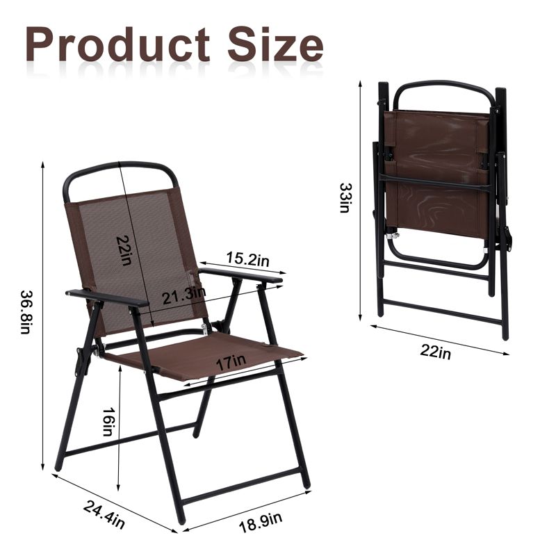 SKONYON 2PCS Patio Folding Dining Chairs Portable Armrest Sling Back Chairs Perfect for Camping Deck Beach Garden Brown, 4 of 6