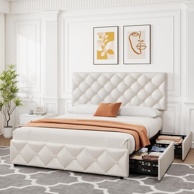 Full/Queen/King Size Bed Frame with 4 Storage Drawers, Faux Leather Upholstered Platform Bed Frame with Adjustable Headboard