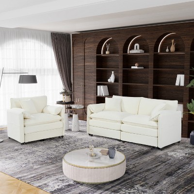 DOMETOUR Deep Seat Luxury 2 Piece Loveseat Couch & Sofa Armchair Set, Modern Upholstered Chenille Cloud Couches Set Furniture with 3 Pillow