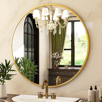 Beautyolove Round Mirror 24 Gold Wall Mounted Circle Mirrors Vanity Mirror with Brushed Aluminum Alloy Frame Modern Decoration