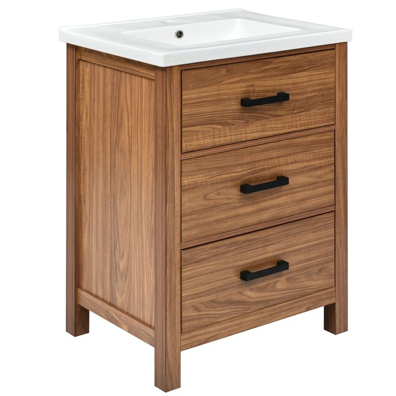 24" Bathroom Vanity with Ceramic Basin Sink and 3 Drawers, Natural - ModernLuxe, 4 of 12