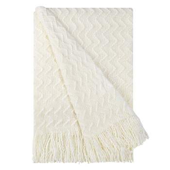 PiccoCasa 100% Acrylic Knit Wave Pattern Soft Lightweight Knitted Blanket with Tassels Fringe Cream White 50"x60"