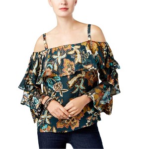I.N.C International Concepts Womens Ruffled Cold Shoulder Blouse, Green, Large - 1 of 1