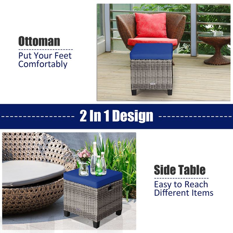 Costway 2PCS Patio Rattan Cushioned Ottoman Seat  Foot Rest Table, 5 of 11