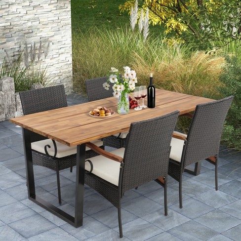 Costway 5 Pcs Patio Rattan Dining Set Acacia Wood Table 4 Wicker