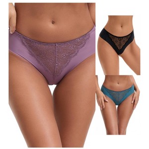 INSPIRE CHIC Women's Mid Waisted Briefs Smooth Silky Panties Soft Lace Breathable Underpants 3 Packs - 1 of 4