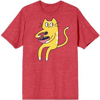 Derpy Kitty Yellow and White Cat Eating Cereal Men's Red Heather Graphic Tee