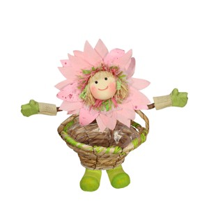 Northlight 15" Pink, Green and Tan Spring Floral Sunflower Girl with Basket Decorative Figure - 1 of 2