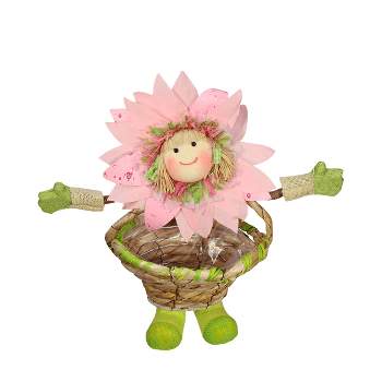 Northlight 15" Pink, Green and Tan Spring Floral Sunflower Girl with Basket Decorative Figure
