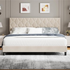 Nasitip Full Bed Frame with Upholstered Headboard, Heavy-Duty Platform Bed Frame with Adjustable Headboard, Strong Wood Slat Support,Beige - 1 of 4