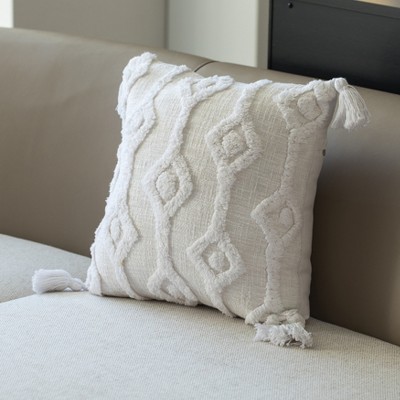 Handwoven Bohemian Tufted Cotton 17" Pillow Cover with Tassel Corners, White