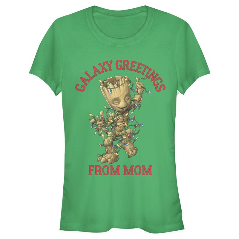 Juniors Womens Marvel Christmas Groot Galaxy Greetings Mom T-Shirt, 1 of 4