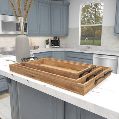 Rustic Brown Mango Wood Rectangular Tray Set with Slot Handles