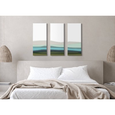Abstract Blue Lake and Mountains Triptych Canvas Wall Art Set