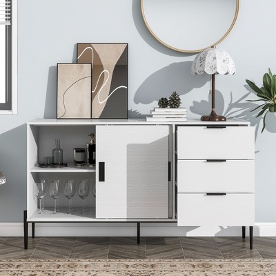ORRD Modern Sideboard with Glass Sliding Doors & 3 Drawers, Entryway Console Table, Kitchen Buffet Cabinet for Hallways, Kitchen, Study, White