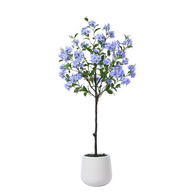 4FT/5FT Artificial Blue Plumbago Tree in White Planter: Indoor Decor Faux Plant with Blue-White Flowers for Home & Office