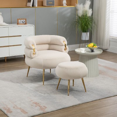CAVINAS Velvet Barrel Accent Chair with Ottoman, Upholstered Lounge Armchair and Footrest Set with Padded Armrests