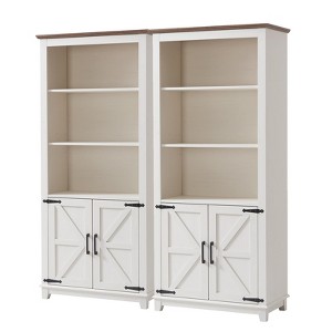 AMERLIFE Farmhouse 5 Shelf Bookshelf Storage Cabinet with Adjustable Shelves & Barn Door, Rustic White, 2 Pcs - 1 of 3