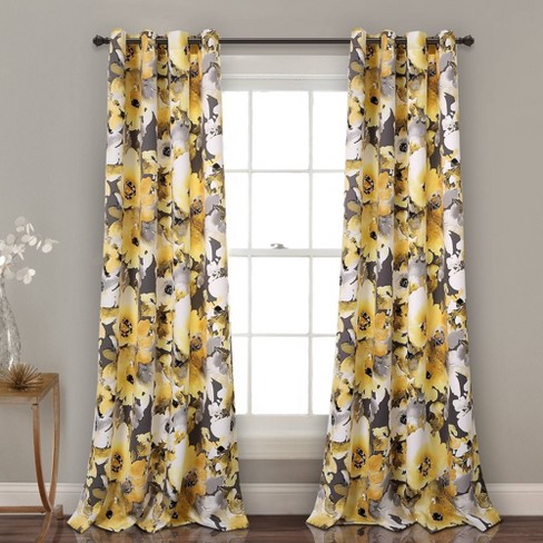 Set of 2 (84x52) Floral Watercolor Light Filtering Window Curtain Panels  Yellow/Gray - Lush Décor