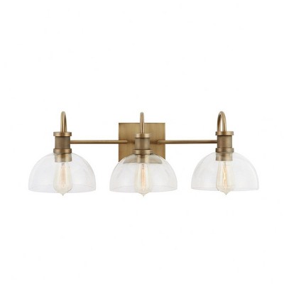 Aged Brass 3-Light Vanity with Clear Glass Domes and Dimmable Feature