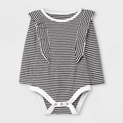 Baby Girls' Striped Ruffle Long Sleeve Bodysuit - Cat & Jack™ Black 3-6M
