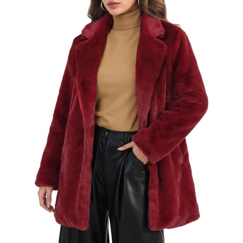 Allegra K Women's Lapel Collar Faux Fur Fuzzy Winter Long Overcoat with Pockets X-Small Red