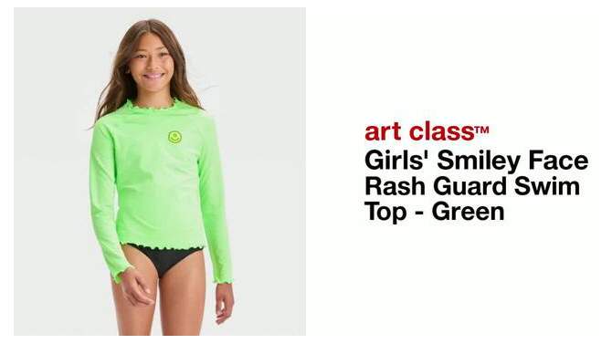 Girls' Smiley Face Rash Guard Swim Top - art class™ Green, 2 of 5, play video