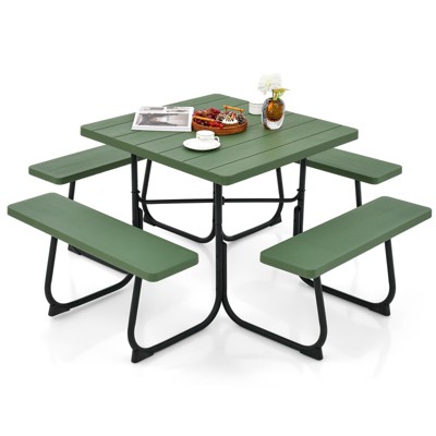 Tangkula 8-person Square Picnic Table Bench Set Outdoor Picnic Table with 4 Benches & Umbrella Hole 500 LBS Capacity Black/Grey/White/Green